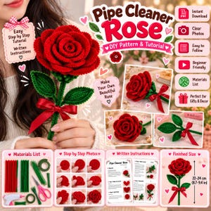 Tutorial en PDF para hacer rosas con limpiapipas, patrón de flores con tallos de chenilla, guía paso a paso.