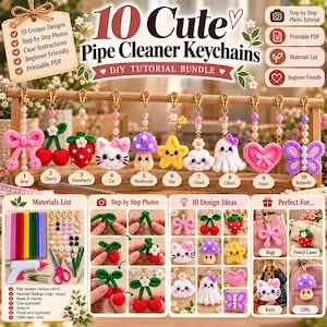 Paquete de patrones para dijes de limpiapipas, 10 tutoriales de llaveros DIY adorables, PDF de manualidades con tallos de chenilla