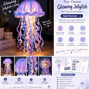 May include: A digital download for a DIY pipe cleaner glowing jellyfish lamp tutorial. The guide includes a step-by-step photo tutorial, a printable PDF pattern, a materials list, and a video link to create a purple and blue jellyfish lamp.