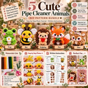 5 simpáticos animales hechos con limpiapipas (PDF) / Patrones con tallos de chenilla / Tutorial paso a paso para hacerlo tú mismo