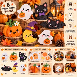 May include: A 6 Paper Crafts Bundle featuring templates for a ghost, black cat, pumpkin, bat, and moon. The set includes instructions to print at home, cut, and glue paper pieces to create Halloween decorations for gifts and room decor.
