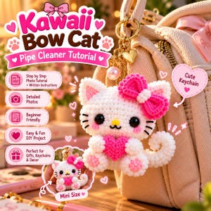 Puede incluir: Una figura de gato hecha de limpiapipas blanco con un lazo y un corazón rosa, unida a un llavero dorado. La imagen incluye texto como Kawaii Bow Cat Pipe Cleaner Tutorial, Step by Step Photo Tutorial, Detailed Photos, Beginner Friendly, Easy & Fun DIY Project, Perfect for Gifts, Keychains & Decor, Cute Keychain y Mini Size.