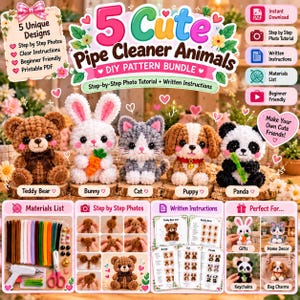 Mönsterpaket med 5 söta piprensardjur, DIY-handledning för chenilleskaft, nallebjörn, kanin, katt, valp, panda i PDF-format