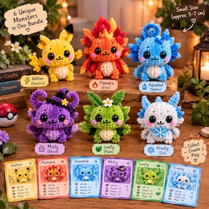 May include: A bundle of six small crochet monster figures, each 5-7 cm tall, representing different elements: Voltini, Flamara, Aquabub, Misty, Leafy, and Frosty. Each figure is paired with a corresponding character card displaying stats and elemental icons.