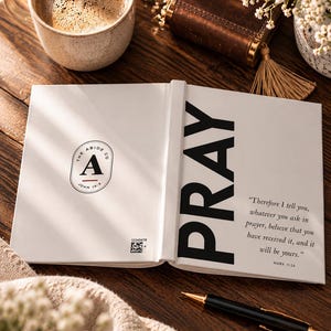 以下が含まれることがあります： 開かれた白い本。右ページには黒い文字で「PRAY」とマルコによる福音書11章24節が記されている。左ページには「The Abide Co」の円形ロゴ、文字「A」、ヨハネによる福音書15章5節がある。左ページ下部には小さなQRコードが印刷されている。