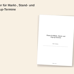 Könnte beinhalten: Ein weißes Planer-Dokument mit dem Titel Planer für Markt-, Stand- und Pop-up-Termine, dem Untertitel Mein Vorhaben und einer horizontalen Linie. Das Dokument enthält unten eine Seitenzahlangabe mit der Aufschrift Seite 1 von 16.