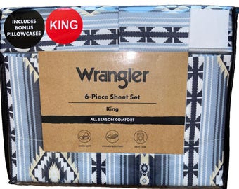 Wrangler KING Ryder Aztec Blue Southwestern Geometric Sheet Set 6 pc Cowboy NEW