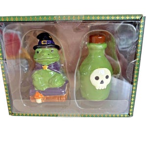 May include: A ceramic salt and pepper shaker set featuring a green frog wearing a black witch hat and purple cape sitting on a book, and a green potion bottle with a brown cork and a white skull graphic, all packaged in a green box.