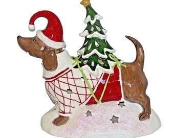 Blue Sky Clayworks Dachshund Christmas Candle Tea Light Holder Tree Presents