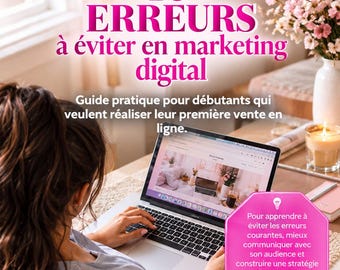 Puede incluir: Una guía de marketing digital titulada 10 ERREURS à éviter en marketing digital, que muestra una computadora portátil con un sitio web, un cuadro de texto hexagonal rosa y la marca CKDIGITAL ByChrystale en la parte superior e inferior.