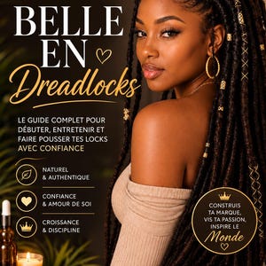 Puede incluir: Una gu&iacute;a digital titulada BELLE EN Dreadlocks que muestra a una persona con largas rastas oscuras adornadas con anillos dorados. El texto incluye secciones sobre cuidado del cabello, crecimiento y rutinas, con iconos sobre un fondo oscuro.