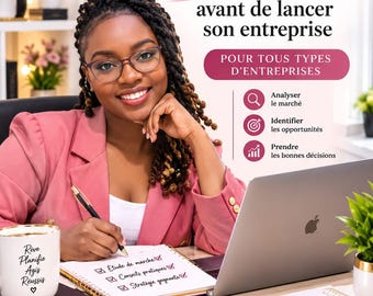 Puede incluir: Una guía de marketing digital titulada GUIDE PRATIQUE Comment faire une étude de marché avant de lancer son entreprise. La portada muestra a una persona con blazer rosa escribiendo en un cuaderno junto a una laptop, taza y libros.