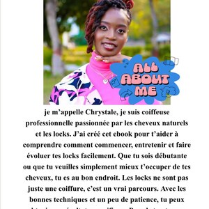 Puede incluir: Un folleto digital con el retrato de una persona con rastas oscuras, vistiendo un cuello alto rosa y una chaqueta estampada. Se incluye una burbuja gr&aacute;fica azul con el texto ALL ABOUT ME. Debajo, un texto en franc&eacute;s presenta a Chrystale, peluquera.