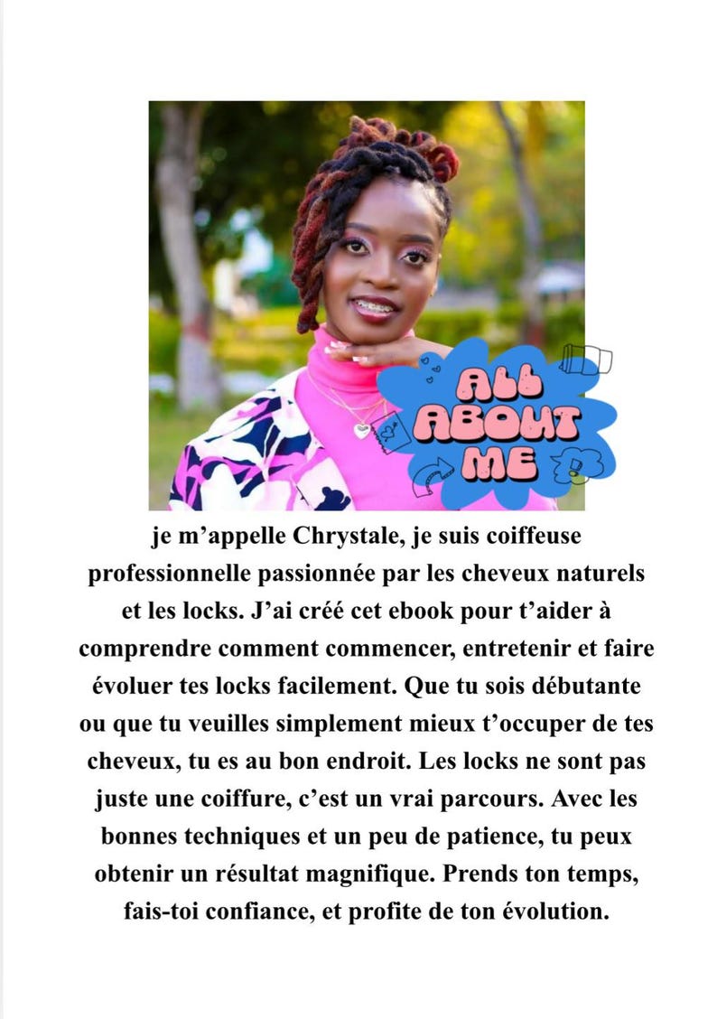 Puede incluir: Un folleto digital con el retrato de una persona con rastas oscuras, vistiendo un cuello alto rosa y una chaqueta estampada. Se incluye una burbuja gr&aacute;fica azul con el texto ALL ABOUT ME. Debajo, un texto en franc&eacute;s presenta a Chrystale, peluquera.