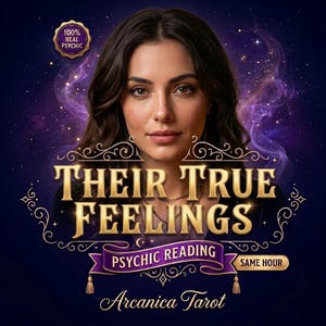 Peut inclure: Un graphique numérique montrant une personne aux cheveux bruns sur un fond cosmique violet. Le texte indique : 100% REAL PSYCHIC, THEIR TRUE FEELINGS, PSYCHIC READING, SAME HOUR et Arcanica Tarot. Le design inclut des ornements dorés et de la fumée violette.