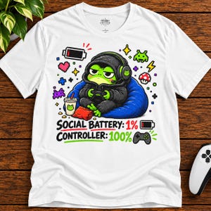Frog Gamer Shirt, Social Battery 1 Controller 100 Tee, Funny Gaming Frog T-Shirt, Introvert Gamer Shirt, Gamer Gift, Cute Frog Tee
