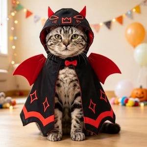 May include: A tabby cat wearing a black hooded cape with red accents. The cape features a hood with two pointed ears, red embroidered diamond shapes, a red hem, and red bat-like wings on the sides. A small red bow is attached at the neck.