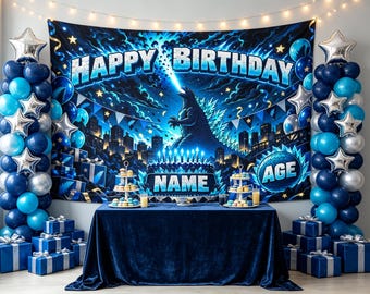 Bannière d'anniversaire Godzilla, toile de fond personnalisée avec nom et âge, tapisserie Kaiju personnalisée, décoration d'anniversaire monstre pour garçon