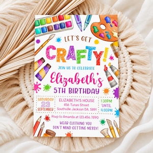May include: A rectangular birthday invitation card featuring colorful illustrations of paint sets, brushes, and paint splatters. The text reads: Let's Get Crafty! Join us to celebrate Elizabeth's 5th Birthday, Saturday 23 September, 1:30pm until 4:00pm.