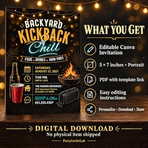 May include: A digital invitation template for a Backyard Kickback & Chill event. The design features string lights, a beer bottle, a red cup, a fire pit, and a speaker. Text includes event details, date, time, location, and RSVP info. Includes a 5 x 7 inch portrait layout.