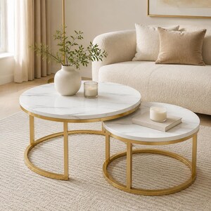 Salontafelset voor kleine ruimtes, wit marmerlook met gouden metalen frames, 70 cm + 50 cm