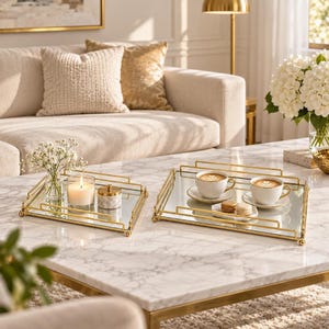 Makeup Counter Tray, Gold Mirrored Glass Rectangle with Raised Rails