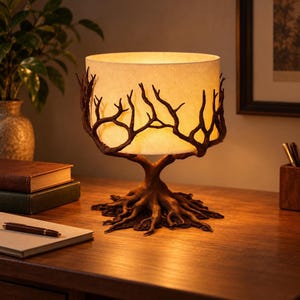 Sculptural Lamp with Resin Tree Base, Branch Frame and Fabric Shade