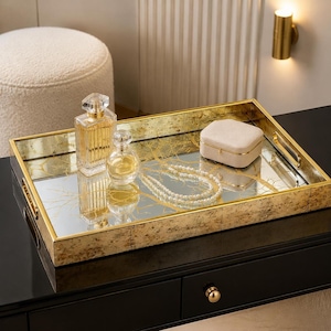 Tablett mit goldener Akzentleiste, 35 × 25 cm verspiegelter Kosmetik-Organizer mit Griffen