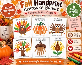 Herbstliches Handabdruck-Erinnerungsset | 6 druckbare Handabdruck-Bastelvorlagen für Kinder | Erinnerungsstück für den Kindergarten zum Erntedankfest