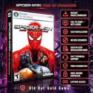Peut inclure: Un boîtier de jeu PC DVD pour Spider-Man: Web of Shadows montrant le héros masqué rouge, Venom et Wolverine. À droite, une liste de fonctionnalités inclut Instant Digital Download, Full PC Game, Easy Installation, No Disc Required et plus.