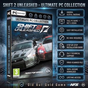 Op de afbeelding: Een Shift 2 Unleashed Ultimate PC Collection dvd-rom gamehoes met een grijze en rode raceauto op de cover. De rechterkant bevat functies zoals digitale download, eenvoudige installatie, geen schijf nodig en levenslange toegang.