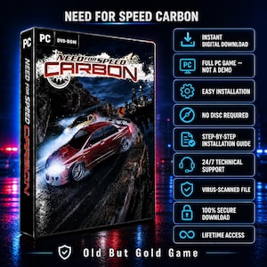 May include: Need for Speed Carbon PC game case featuring a red sports car drifting on a dark mountain road. The cover displays the game title and DVD-ROM label. A list of features includes instant digital download, easy installation, and support.