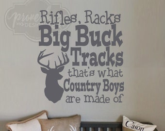 Riffle, Racks, Big Buck Tracks -Vertical Wall Decal,Vinyl Decal, Boys Room, Antlers, Deer Tracks, Country Boy, Camo Nursery, Hunting Theme