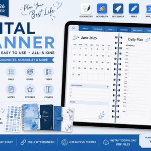 Peut inclure: Un agenda numérique pour 2025-2026 affiché sur un écran de tablette, présentant un calendrier de juin 2025 et une mise en page de planning quotidien. L'interface comprend des onglets pour index, calendrier, objectifs, finances, bien-être et notes.