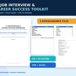 Pode incluir: Um kit de ferramentas para entrevistas de emprego e sucesso na carreira em TI, incluindo pasta de trabalho, rastreador Excel e lista de verificação de CV ATS. O produto digital inclui 5 arquivos para download em A4, US Letter, PDF e Excel.