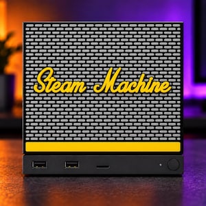 May include: A black and silver gaming console featuring a perforated metal front panel with the yellow text Steam Machine centered. The base includes two USB ports, a power button, and a horizontal yellow accent stripe across the front.
