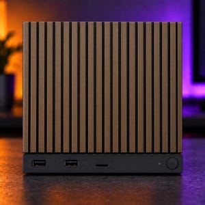 May include: A rectangular computer tower featuring a front panel with vertical bronze-colored slats and a black base. The base includes two USB ports, a small horizontal slot, a tiny circular indicator light, and a round power button on the right.