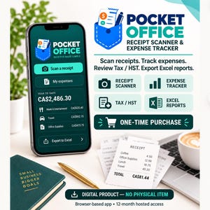 Pode incluir: Um smartphone exibindo o aplicativo Pocket Office para digitalizar recibos e rastrear despesas. A tela mostra um total anual de CA$2.486,30. O texto inclui Scan receipts, Track expenses, Review Tax/HST, Export Excel reports e One-time purchase.