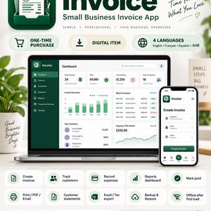 Puede incluir: Una interfaz de aplicación de facturación digital mostrada en una computadora portátil y un teléfono inteligente. La pantalla muestra un panel con datos financieros, listas de facturas y detalles de clientes. El diseño presenta un esquema de color verde y blanco con iconos para rastrear gastos.