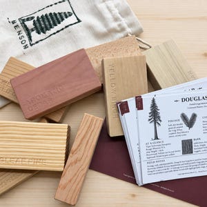 May include: A collection of rectangular wooden blocks with engraved labels including Aromatic Cedar, Yellow Birch, and Longleaf Pine, accompanied by a stack of informational cards about Douglas Fir and a white fabric drawstring bag with a tree logo.
