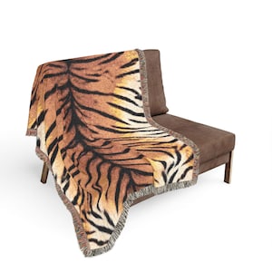 Tiger Print 100% Cotton Woven Blanket | Realistic Pattern Throw, Dark Orange, Black, Cream Color For Cozy Home Decor, Picnic, Beach, 3 Sizes