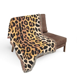 Jaguar Print 100% Cotton Woven Blanket | Realistic Pattern Throw, Gold, Black, Cream Colors - Cozy Home Decor, Picnic, Grass, Beach, 3 Sizes