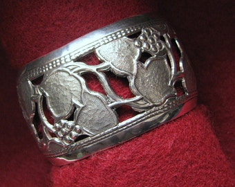 WIDE Vintage REPOUSSE CUFF -- Grapes and Leaves in Sterling Silver, 37+ Grams, 1-1/2" Wide, About 7-3/4" Circumference