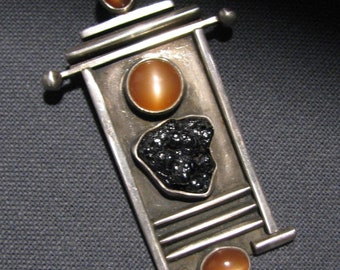 OOAK Vintage JO STAFINBIL Convertible Pin/Pendant -- Sterling with Peach Moonstones and Hematite, 24 Grams, 2-3/4" Long, Excellent Cond.