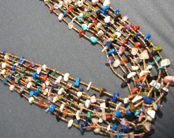 RARE Vintage 10 Strand SANTO DOMINGO/Kewa Beaded Necklace -- Multi Semi Precious Stones on Olive Shell, 36" Long, 95 Grams, Excellent Cond.