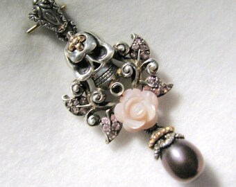 Vintage BARBARA BIXBY Skull and Roses Pendant with Pink Tourmaline and Pearl -- Pure 18k Gold and 925, 7g, 2" Long, Excellent Condition