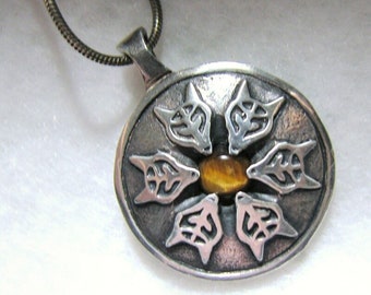Vintage "PROTECT THIS WOMAN" Pendant -- 6 Little Foxes in Sterling Silver with Genuine Tiger Eye Cab, Includes 15.5" Snake Chain