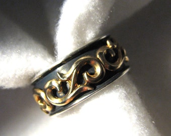 Vintage 925 Band Ring with PURE 14K Gold Detail -- Size 8/sizeable, 7.7 Grams, Signed DELTAH, Tribal/Elizabethan Design, Excellent Cond.