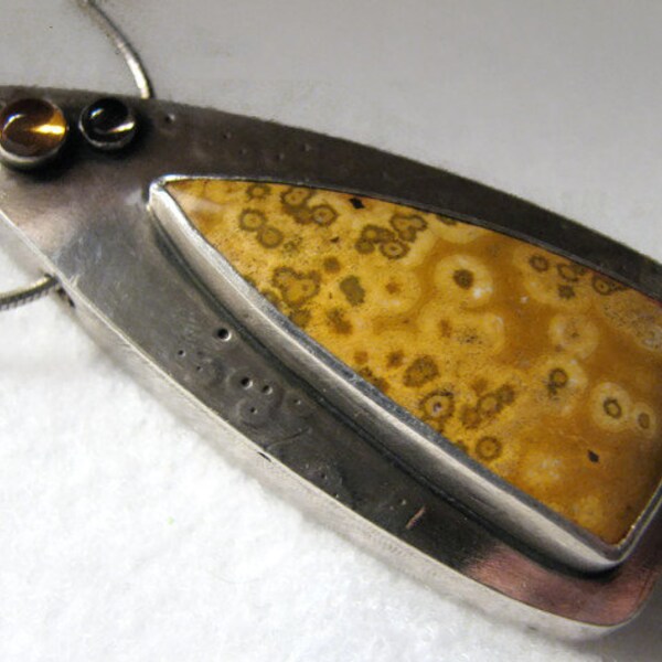 Reduced -- Vintage OCEAN JASPER Sterling Silver Pendant with Citrine and Smokey Topaz Cab Accents