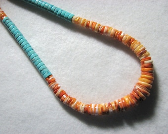 Vintage SOUTHWESTERN Graduated Heishi Bead Necklace -- Turquoise and Spiny Oyster Shell, 39 Grams, 22" Long, Excellent Cond.